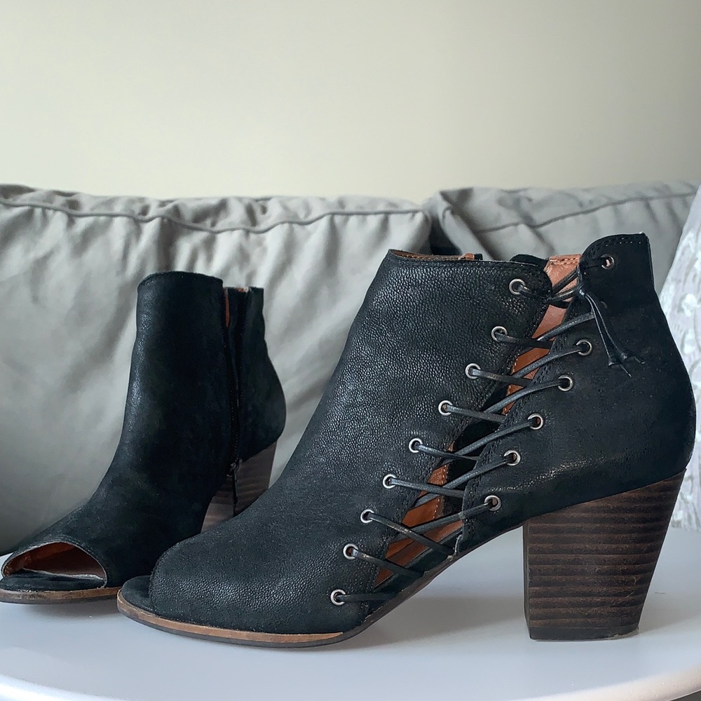 Lucky Brand Black Leather Peep-Toe Ankle Booties